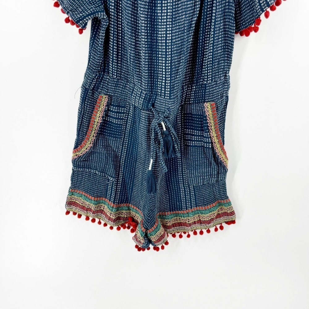 ✅ THML BLUE Romper with‎ COLORFUL Pompon Size SMALL ON/OFF SHOULDER BOHO - Picture 4 of 4